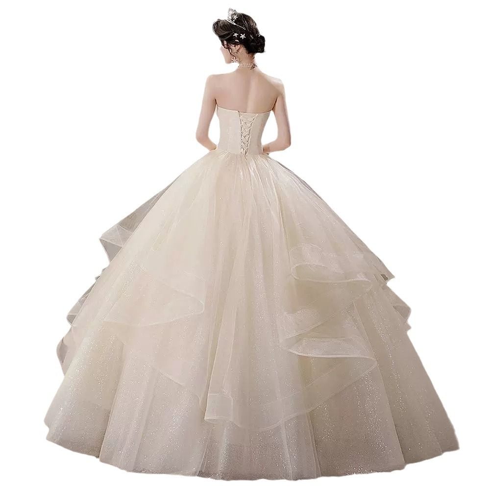 Main Wedding Dress 2024 New Bride Bra Champagne French High End Simple And Vintage Outgoing Dress Light Luxury Princess Floor length Dress Tied Bride Dress Crown