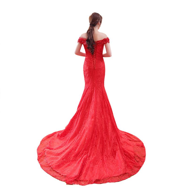 2024 New African Bride with One Shoulder Waist Fish Tail Slim Fit Slim And Long Tail Large Size Red Wedding Dress Fashionable Floor Sweeping Evening Dress Elegant And Elegant Bride