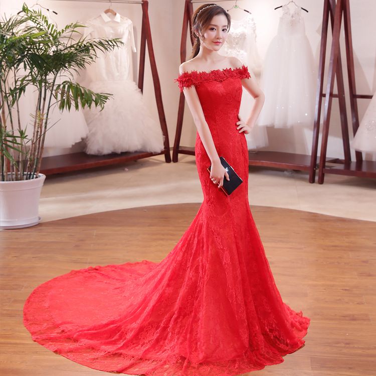 2024 New African Bride with One Shoulder Waist Fish Tail Slim Fit Slim And Long Tail Large Size Red Wedding Dress Fashionable Floor Sweeping Evening Dress Elegant And Elegant Bride