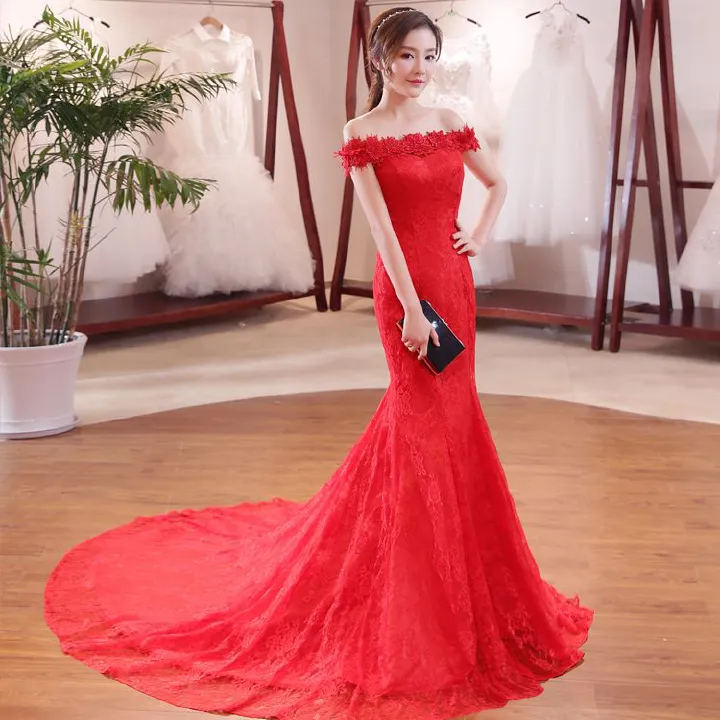 2024 New African Bride with One Shoulder Waist Fish Tail Slim Fit Slim And Long Tail Large Size Red Wedding Dress Fashionable Floor Sweeping Evening Dress Elegant And Elegant Bride