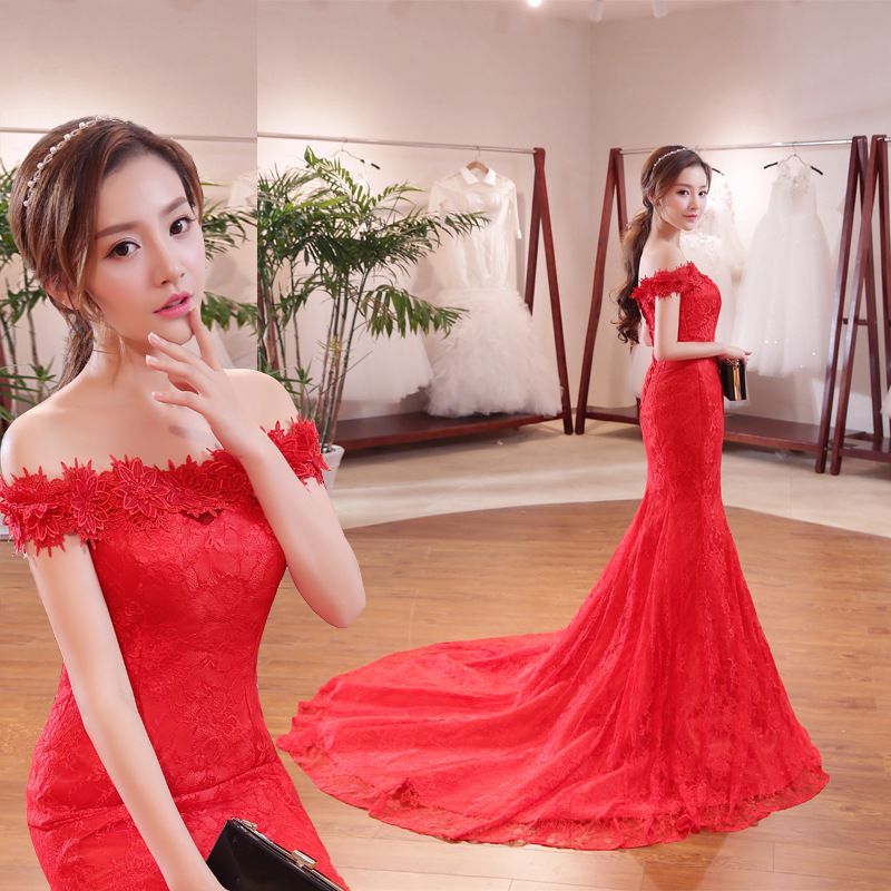 2024 New African Bride with One Shoulder Waist Fish Tail Slim Fit Slim And Long Tail Large Size Red Wedding Dress Fashionable Floor Sweeping Evening Dress Elegant And Elegant Bride