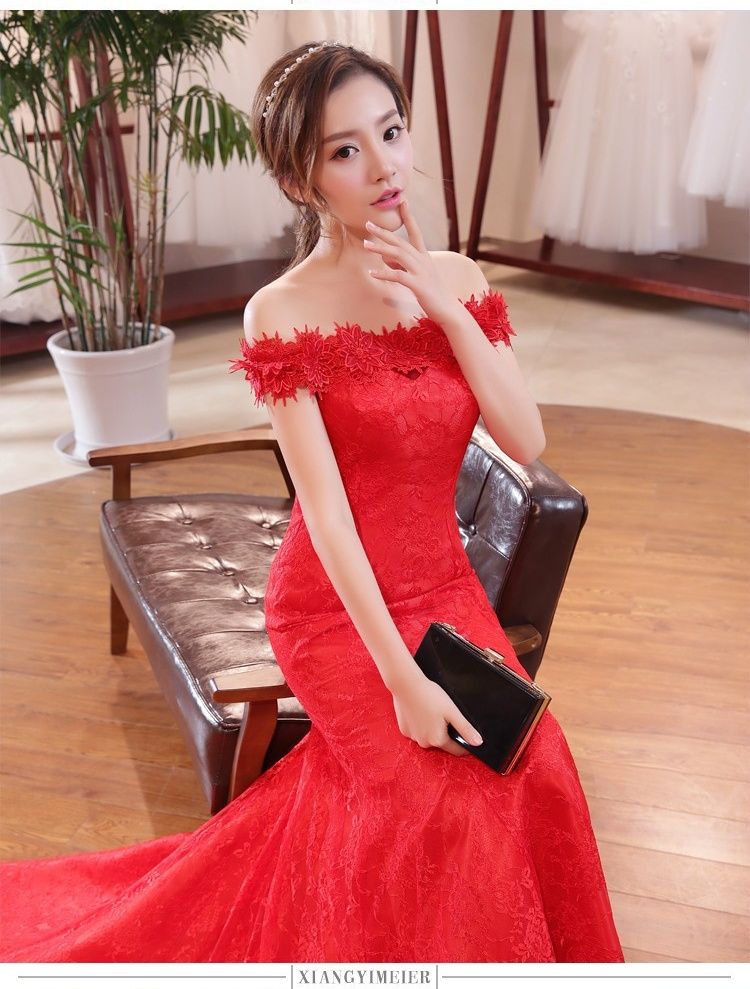 2024 New African Bride with One Shoulder Waist Fish Tail Slim Fit Slim And Long Tail Large Size Red Wedding Dress Fashionable Floor Sweeping Evening Dress Elegant And Elegant Bride