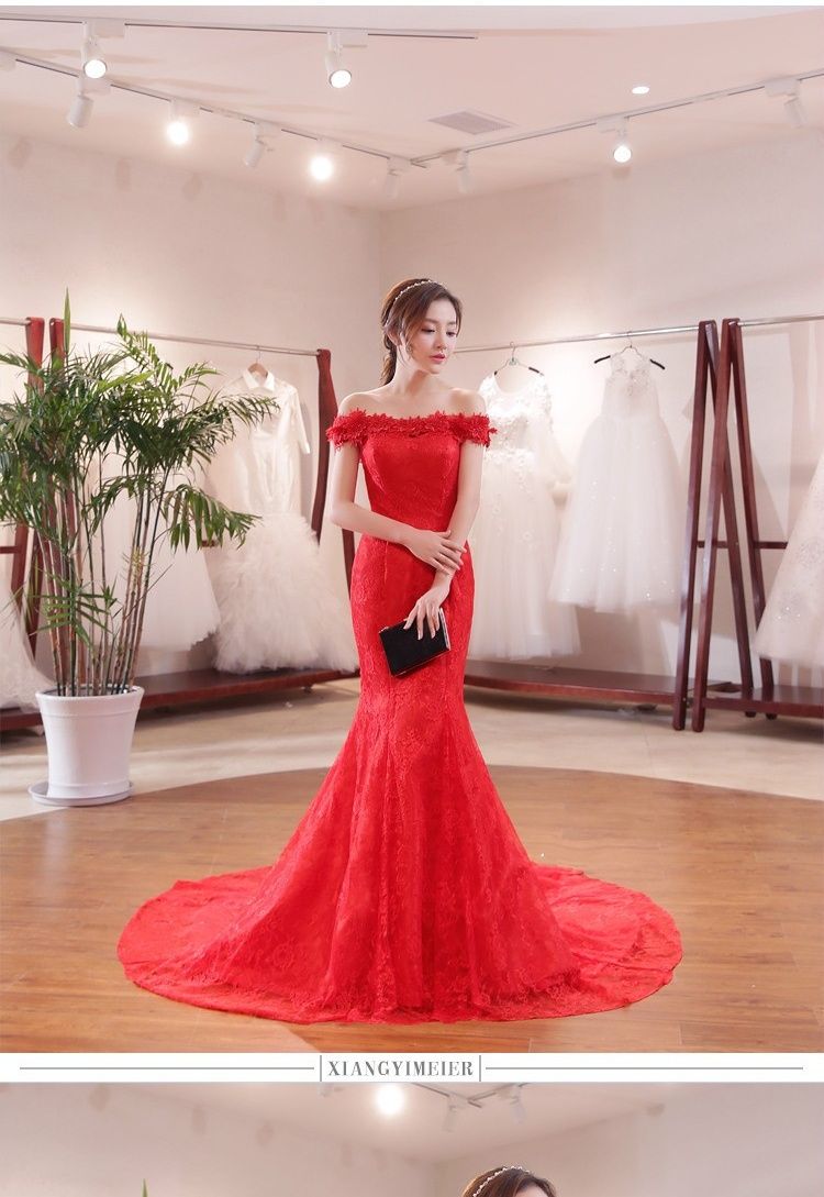 2024 New African Bride with One Shoulder Waist Fish Tail Slim Fit Slim And Long Tail Large Size Red Wedding Dress Fashionable Floor Sweeping Evening Dress Elegant And Elegant Bride