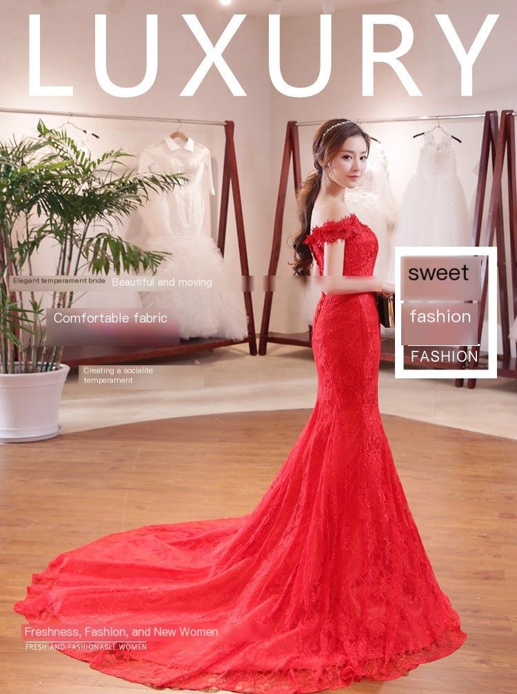 2024 New African Bride with One Shoulder Waist Fish Tail Slim Fit Slim And Long Tail Large Size Red Wedding Dress Fashionable Floor Sweeping Evening Dress Elegant And Elegant Bride