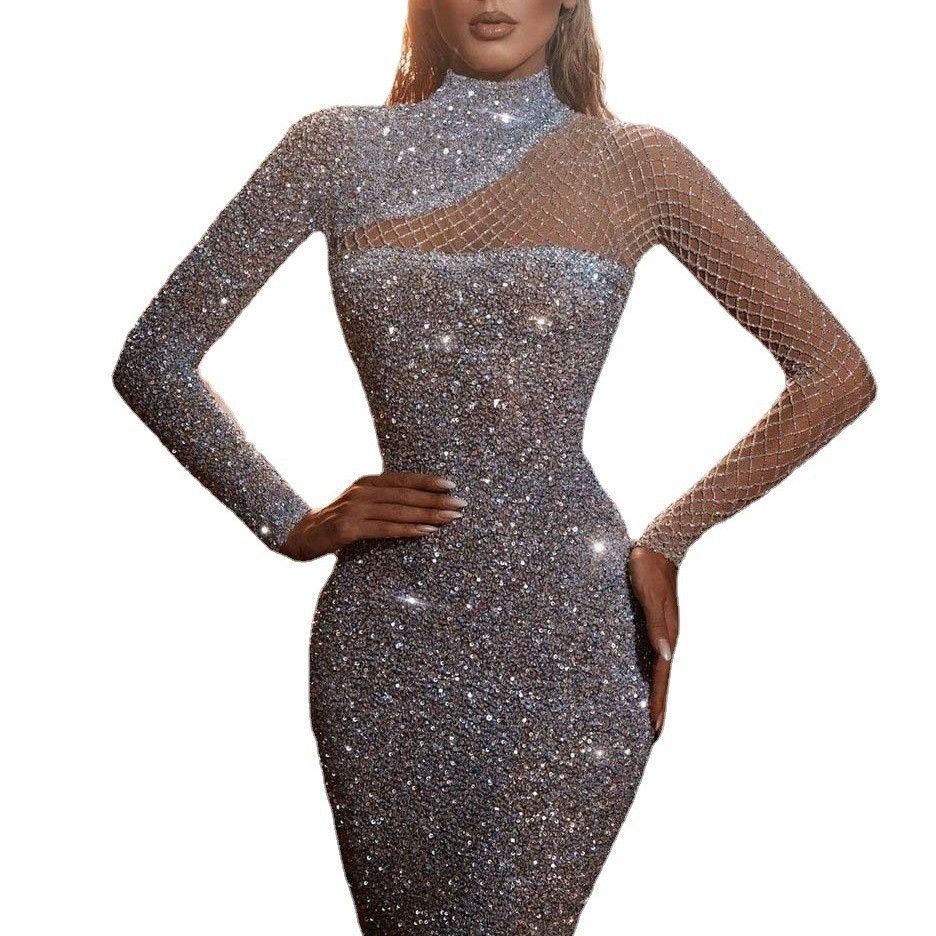 2024 Spring/Summer New Hollow Off Shoulder Dress Round Neck Slim Fit Style S-Shaped Sequin Dress Fashion Noble Elegant Dress Party Concert Evening Dress Long Dress