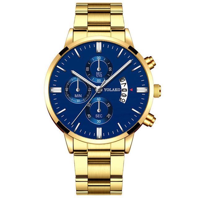 2022 Luxury Business Men Calendar Metal Watch Formal Stainless Steel Date Wrist Watch Lovers Gift Golden Male Formal Men Watches+ 1 Crystal Ring Free + Luxury Gift Box Lovers  Boyfriends Husband's Bir