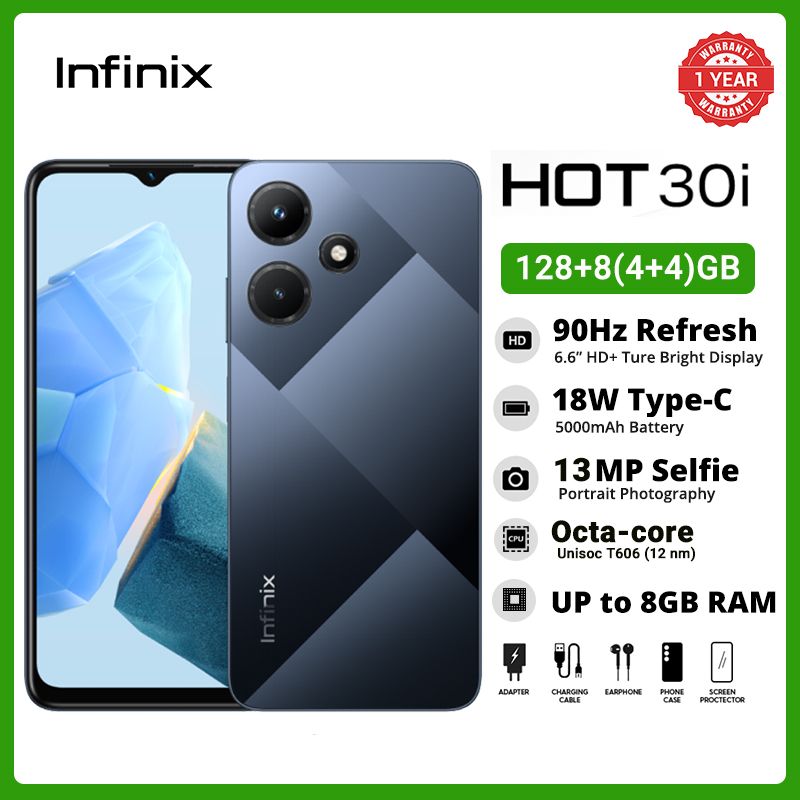 [Clearance Sale] Infinix Hot 30i 8(4+4)GB RAM 128GB Storage 6.56" HD+Screen Dual SIM 4G LTE Network 13MP+8MP Camera 5000mAh Battery 90Hz Refresh Rate Fingerprint Android 12 Smart Phones