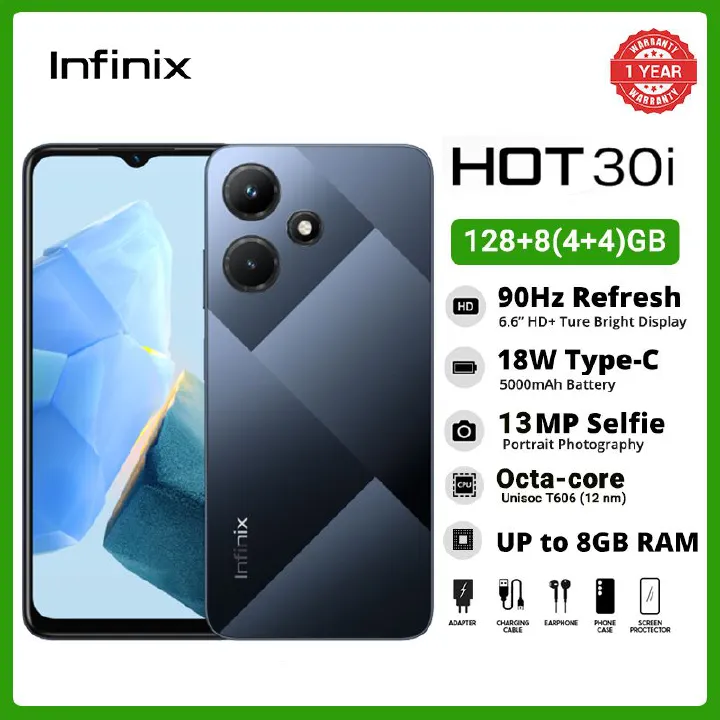 [Clearance Sale] Infinix Hot 30i 8(4+4)GB RAM 128GB Storage 6.56" HD+Screen Dual SIM 4G LTE Network 13MP+8MP Camera 5000mAh Battery 90Hz Refresh Rate Fingerprint Android 12 Smart Phones