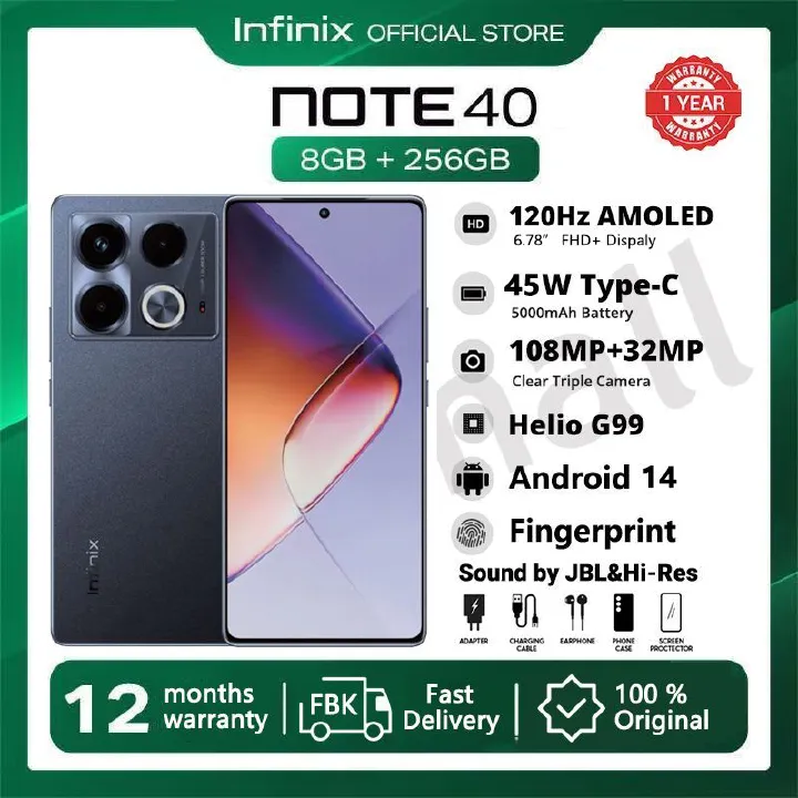 Infinix Note 40 256GB+16(8+8)GB RAM 6.78" 120Hz AMOLED  Display Phone 4G  Network MTK Helio G99 108MP Camera JBL Speaker 45W 5000mAh Android 14 Dual SIM Smart Phones