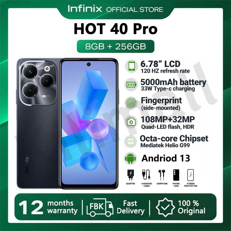 [New Year Promotion] Infinix HOT 40 PRO 256GB+16GB(8+8GB)RAM 6.78" Screen Dual SIM Brand New Phone 5000mAh 33W Battery 108MP Camera Fingerprint Lock Android 13 MTK Helio G99 Smart Phones