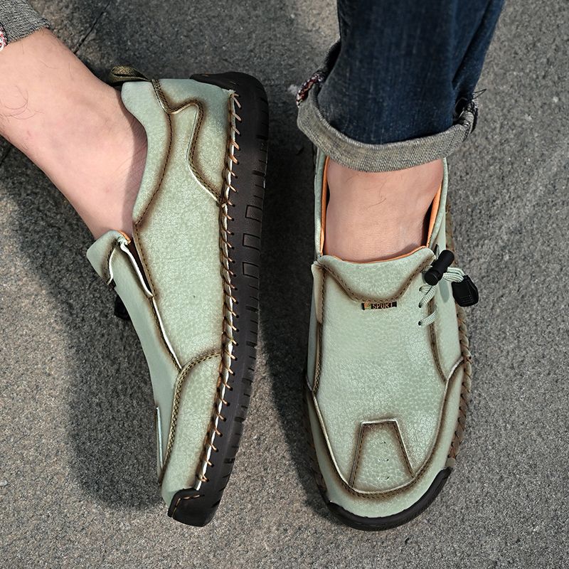 SocNoDn Mens Luxury Fashion Male Casual Seasons Breathable Handwork Leather Loafers Slip-ons Office Worker Walking Hiking Shoes