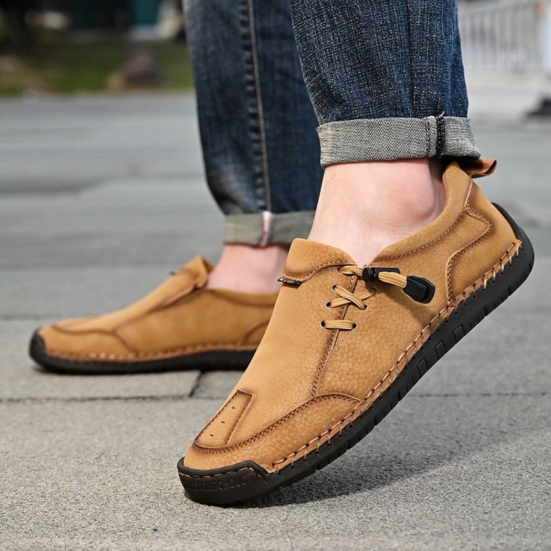 SocNoDn Mens Luxury Fashion Male Casual Seasons Breathable Handwork Leather Loafers Slip-ons Office Worker Walking Hiking Shoes