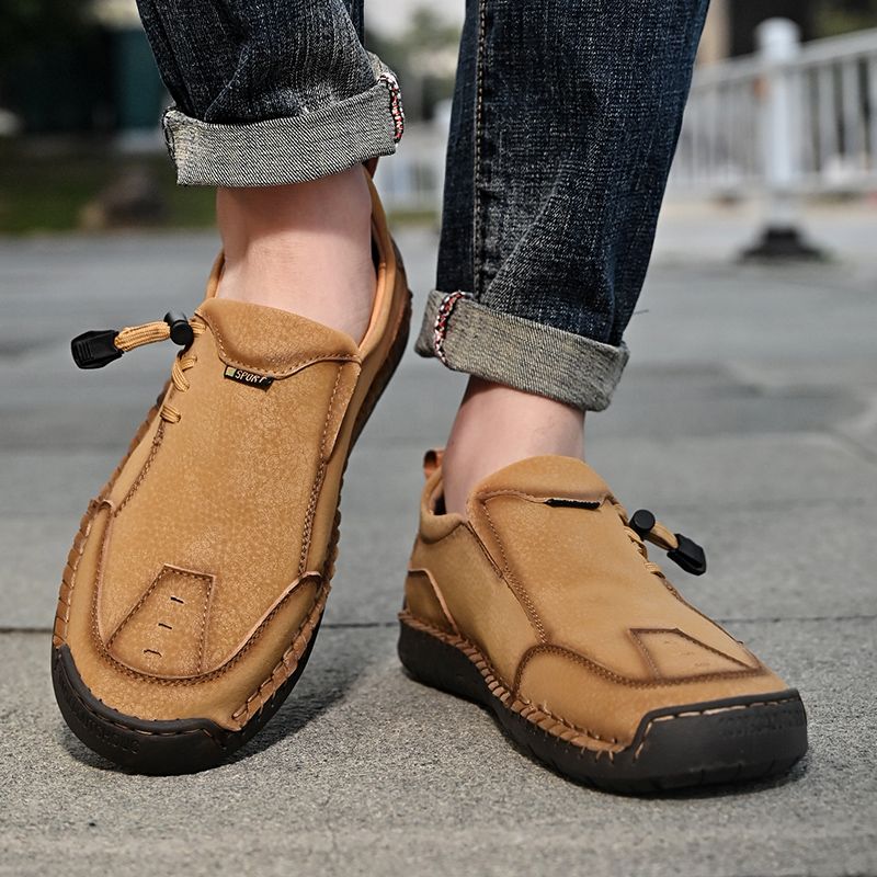 SocNoDn Mens Luxury Fashion Male Casual Seasons Breathable Handwork Leather Loafers Slip-ons Office Worker Walking Hiking Shoes