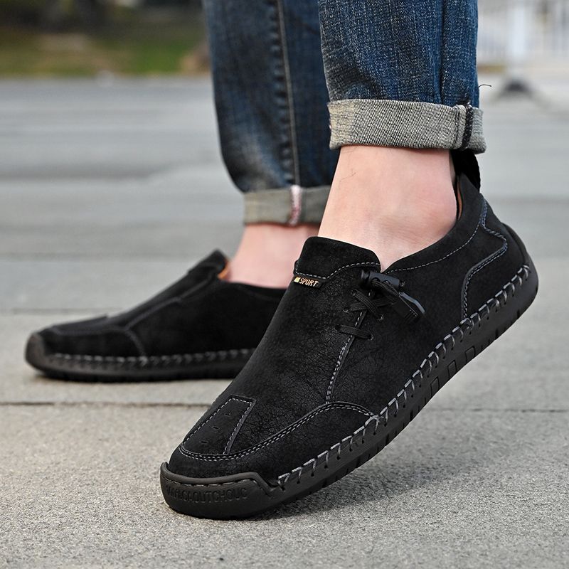 SocNoDn Mens Luxury Fashion Male Casual Seasons Breathable Handwork Leather Loafers Slip-ons Office Worker Walking Hiking Shoes