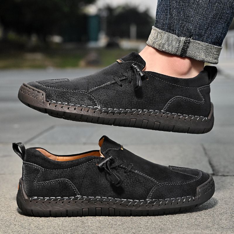 SocNoDn Mens Luxury Fashion Male Casual Seasons Breathable Handwork Leather Loafers Slip-ons Office Worker Walking Hiking Shoes