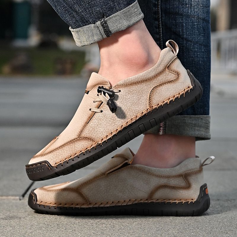 SocNoDn Mens Luxury Fashion Male Casual Seasons Breathable Handwork Leather Loafers Slip-ons Office Worker Walking Hiking Shoes