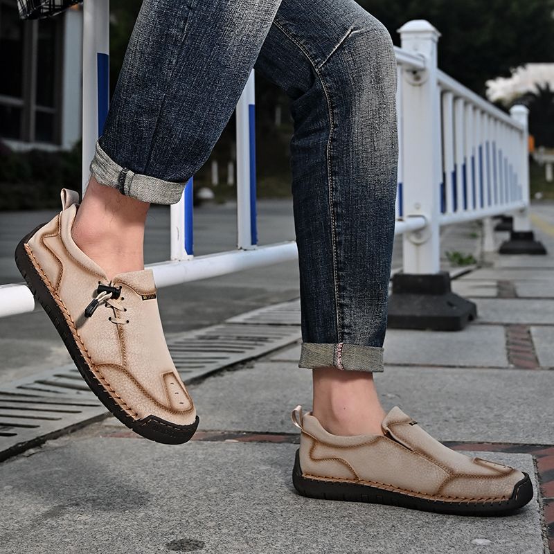 SocNoDn Mens Luxury Fashion Male Casual Seasons Breathable Handwork Leather Loafers Slip-ons Office Worker Walking Hiking Shoes