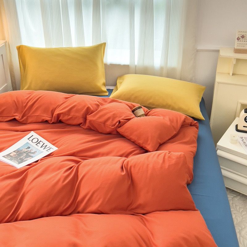 4-piece bedding set, solid color washed cotton 1duvet cover+1 bed sheet +2 pillowcases，no duvets