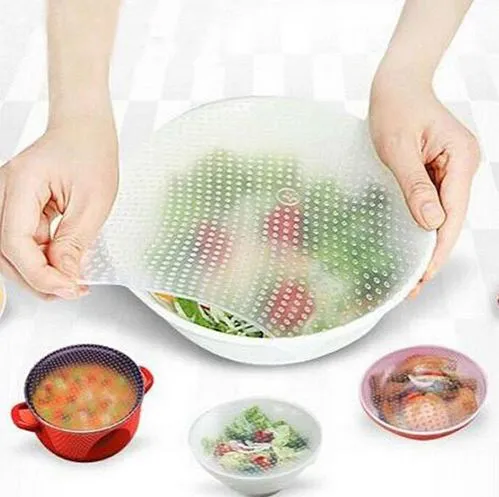 4pcs Food Grade Plastic Wrap Re-usable Fresh Keeping Wrap Kitchen Tools Silicone Food Wraps Seal Cover