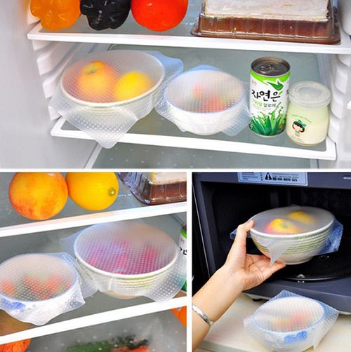 4pcs Food Grade Plastic Wrap Re-usable Fresh Keeping Wrap Kitchen Tools Silicone Food Wraps Seal Cover