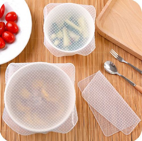 4pcs Food Grade Plastic Wrap Re-usable Fresh Keeping Wrap Kitchen Tools Silicone Food Wraps Seal Cover