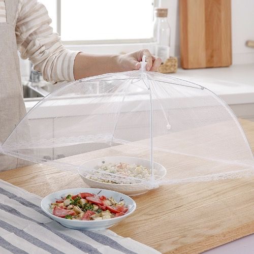 Foldable white picnic mesh food cover, table cover, dust cover, transparent vegetable cover, foldable mosquito and fly proof table cover, lace mesh edge kitchen accessories