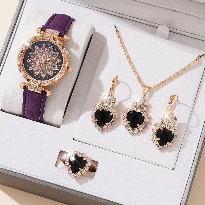 Vito vya Wanawake Saa/Pete/Pete za Wanawake 4-Piece Set Of Watches Earrings Necklaces Women'S Watches, Fashionable Quartz Watches Luxury Jewelry For Women Valentine'S Day Gifts +Free gift box