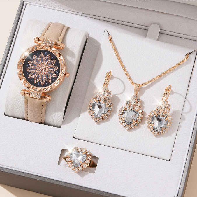 Vito vya Wanawake Saa/Pete/Pete za Wanawake 4-Piece Set Of Watches Earrings Necklaces Women'S Watches, Fashionable Quartz Watches Luxury Jewelry For Women Valentine'S Day Gifts +Free gift box