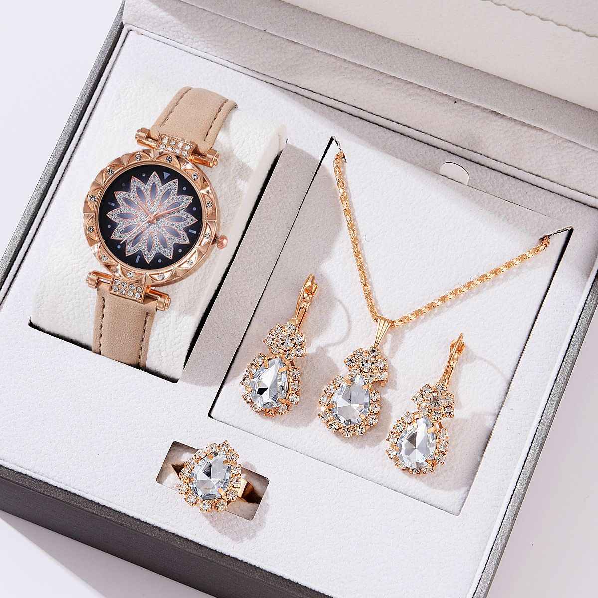 Vito vya Wanawake Saa/Pete/Pete za Wanawake 4 Piece Jewelry Set Watch Earrings Necklace Ring Women Fashion Quartz Watch Luxury Jewelry Valentine's Day Gift+Free gift box