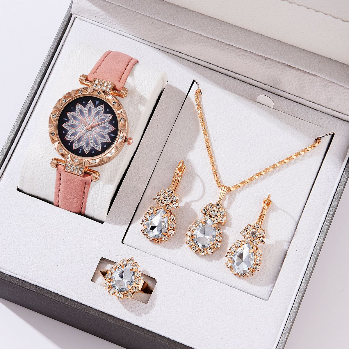 Vito vya Wanawake Saa/Pete/Pete za Wanawake 4 Piece Jewelry Set Watch Earrings Necklace Ring Women Fashion Quartz Watch Luxury Jewelry Valentine's Day Gift+Free gift box