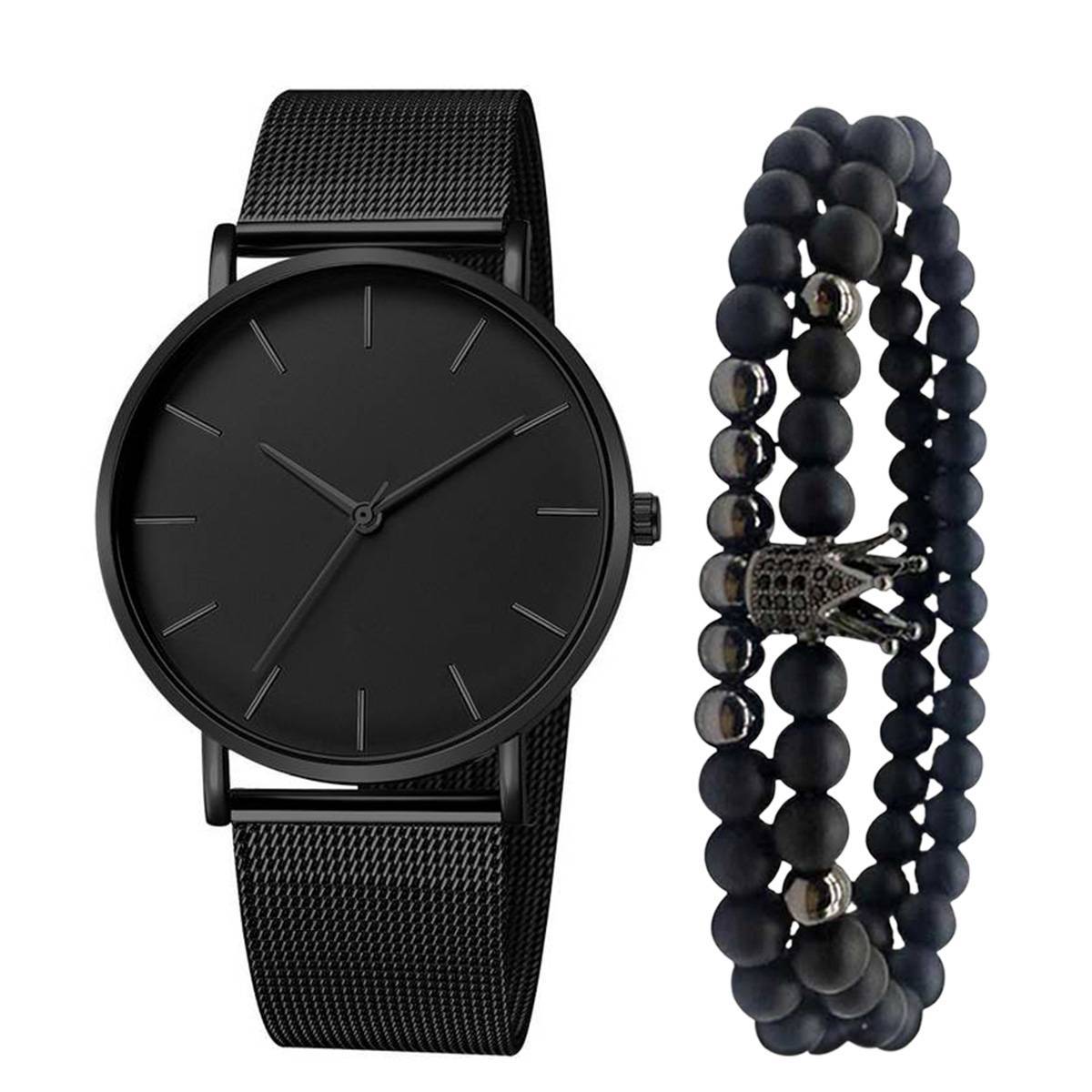 New arrivals 3 pieces Men's watch sets business Steel band dial quartz boys watch + Crown beaded bracelet men's fashion accessories Black