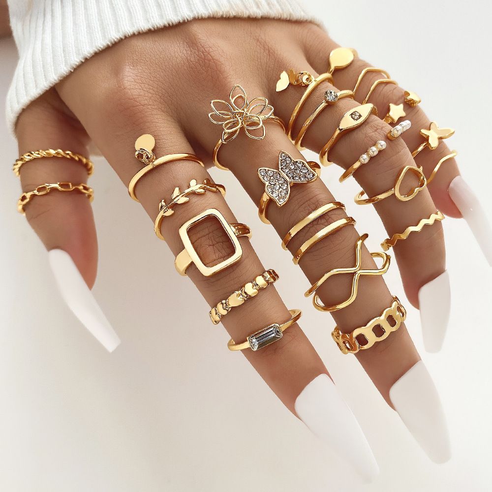 23PC women's butterfly Pearl Ring set women's personality multi-articular all-in-one high sense rings Ladies Fashion Accessories Girl Jewelry ring set