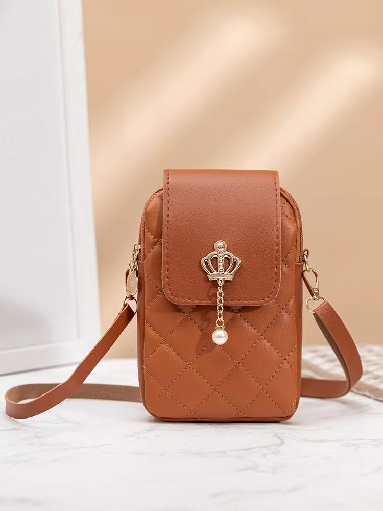 New pearl pendant vertical mobile phone bag fashion female bag diamond lattice embroidered crossbody bag  Brown