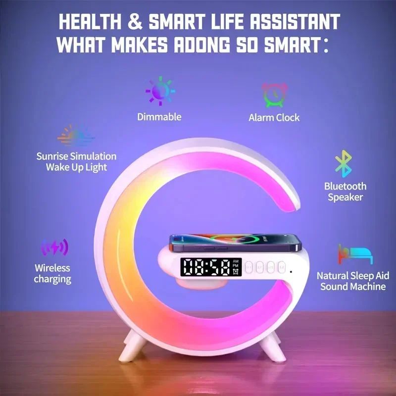 Multifunction 3 In 1 Wireless Charger Pad Stand Speaker RGB Night Light Fast Charging Station For Alarm Clock SpeakerHome Decor G Styling Smart Lamps Gifts for Girl Child