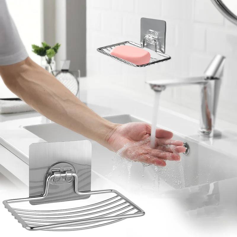 1-2Pcs Soap Rack Stainless Steel Punch-free Wall Hanging Sucker Soap Box Bar Soap Sponge Holder Adhesive Soap Dish for Bathroom