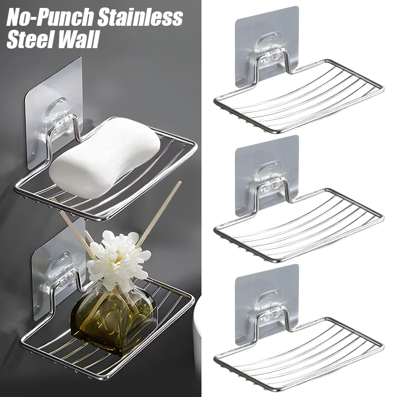 1-2Pcs Soap Rack Stainless Steel Punch-free Wall Hanging Sucker Soap Box Bar Soap Sponge Holder Adhesive Soap Dish for Bathroom