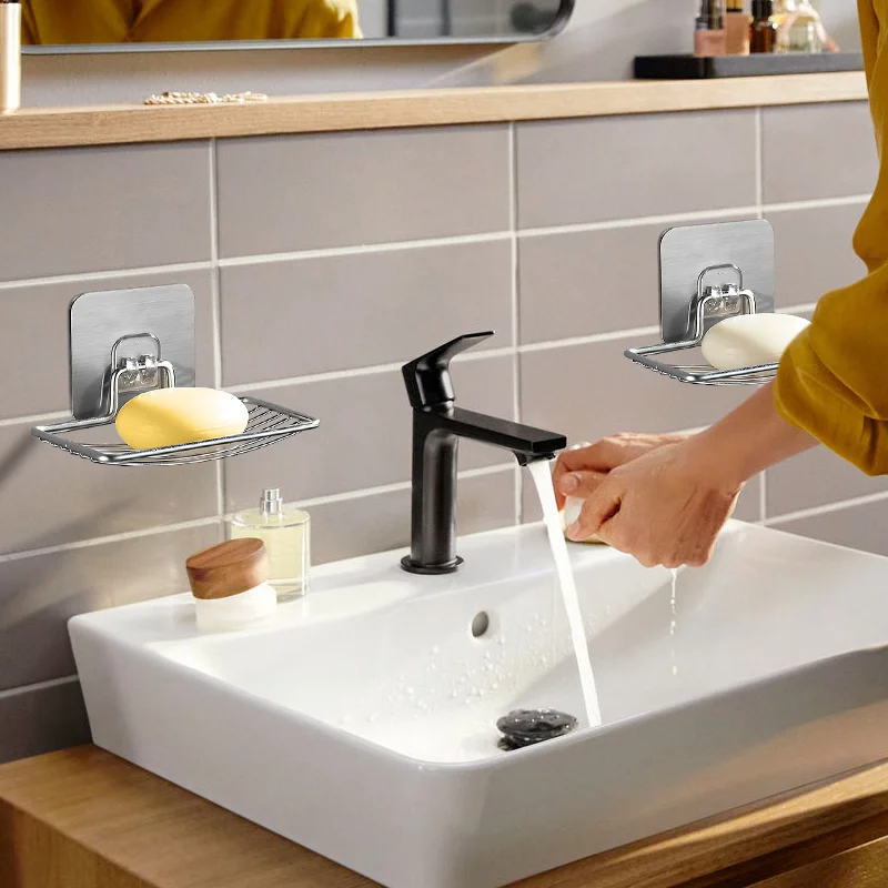 1-2Pcs Soap Rack Stainless Steel Punch-free Wall Hanging Sucker Soap Box Bar Soap Sponge Holder Adhesive Soap Dish for Bathroom