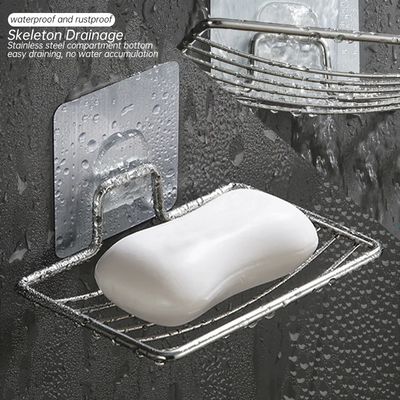 1-2Pcs Soap Rack Stainless Steel Punch-free Wall Hanging Sucker Soap Box Bar Soap Sponge Holder Adhesive Soap Dish for Bathroom