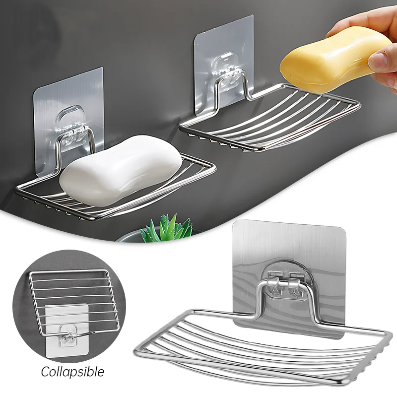 1-2Pcs Soap Rack Stainless Steel Punch-free Wall Hanging Sucker Soap Box Bar Soap Sponge Holder Adhesive Soap Dish for Bathroom