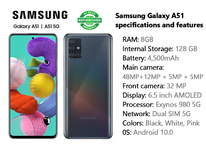 Refurbished SAMSUNG Galaxy A51 Dual SIM 5G Unlocked Smart Phones 8GB RAM 128GB Storage 48MP+32MP Quad Camera 4500 mAh Battery 6.4" Screen 8+128GB