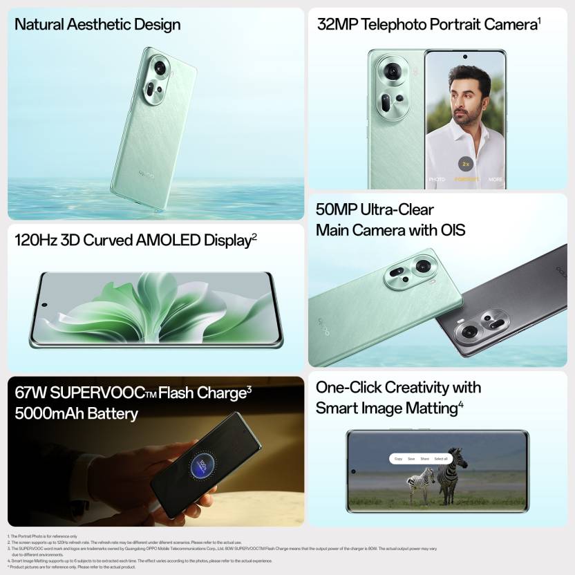 Refurbished OPPO Reno11 5G 8GB RAM+256GB ROM 6.7" 120Hz 3D Curved Screen 50MP 5000mAh Android 14 Dual SIM Smart Phones Fingerprint Reno 11 12+256GB / 12+512GB