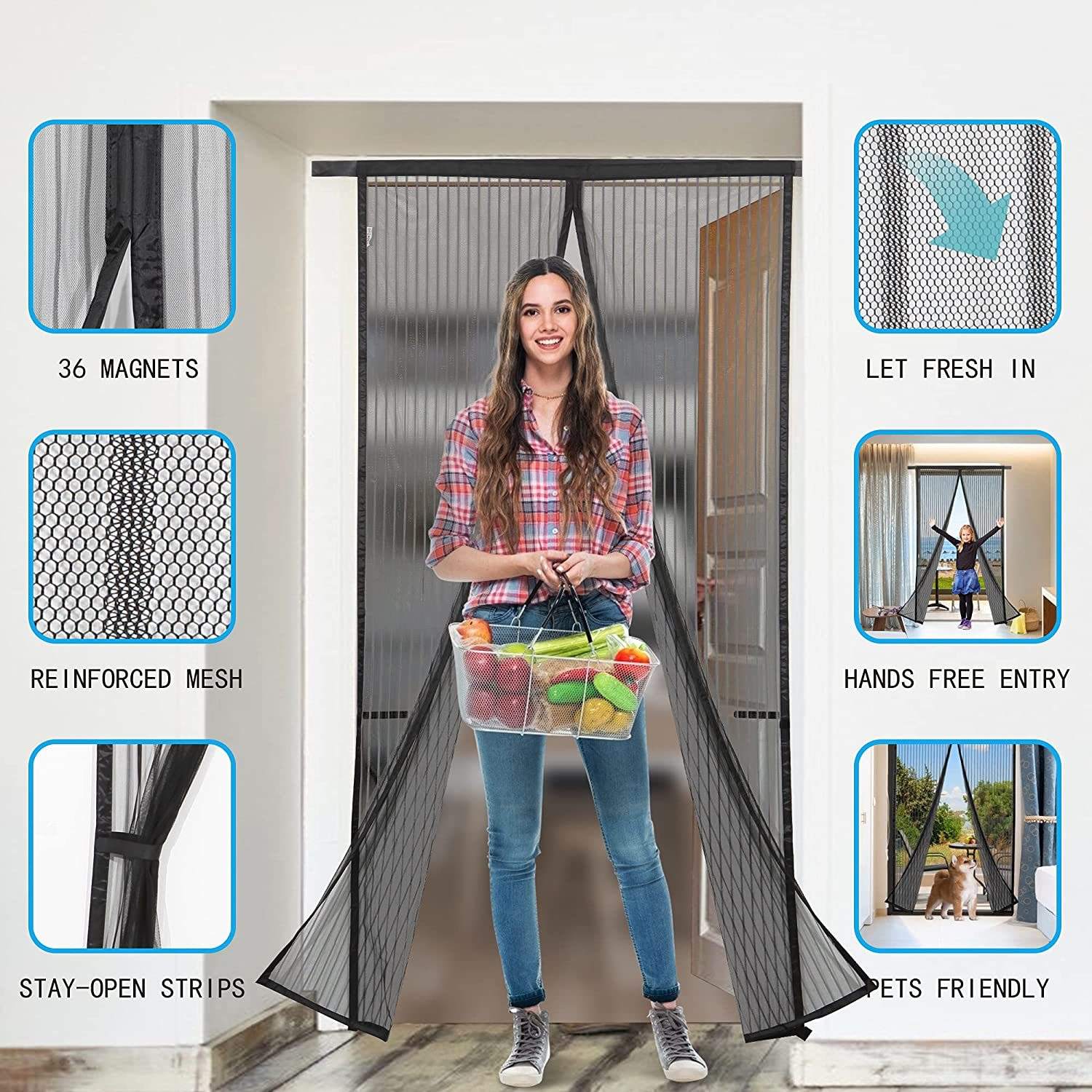Magnetic Screen Door Anti-Mosquito Curtain with Hook and Loop Tape, Self Sealing, Heavy Duty, Hands Free Mesh Partition Keeps Bugs Out - Pet and Kid Friendly