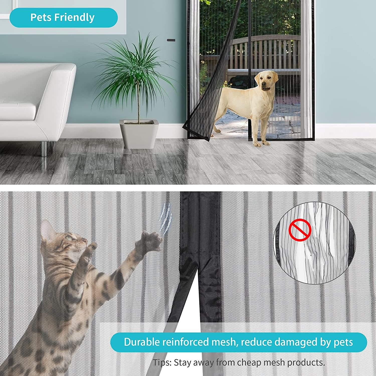 Magnetic Screen Door Anti-Mosquito Curtain with Hook and Loop Tape, Self Sealing, Heavy Duty, Hands Free Mesh Partition Keeps Bugs Out - Pet and Kid Friendly