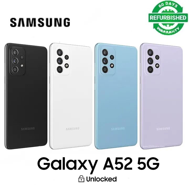 Refurbished Original SAMSUNG Galaxy A52 Dual SIM 5G Unlocked Smart Phones 8GB RAM 128GB/256GB Storage 64MP+32MP Quad Camera 4500 mAh Battery 6.4" Screen Fingerprint Face Unlocked 8+128GB/8+256GB