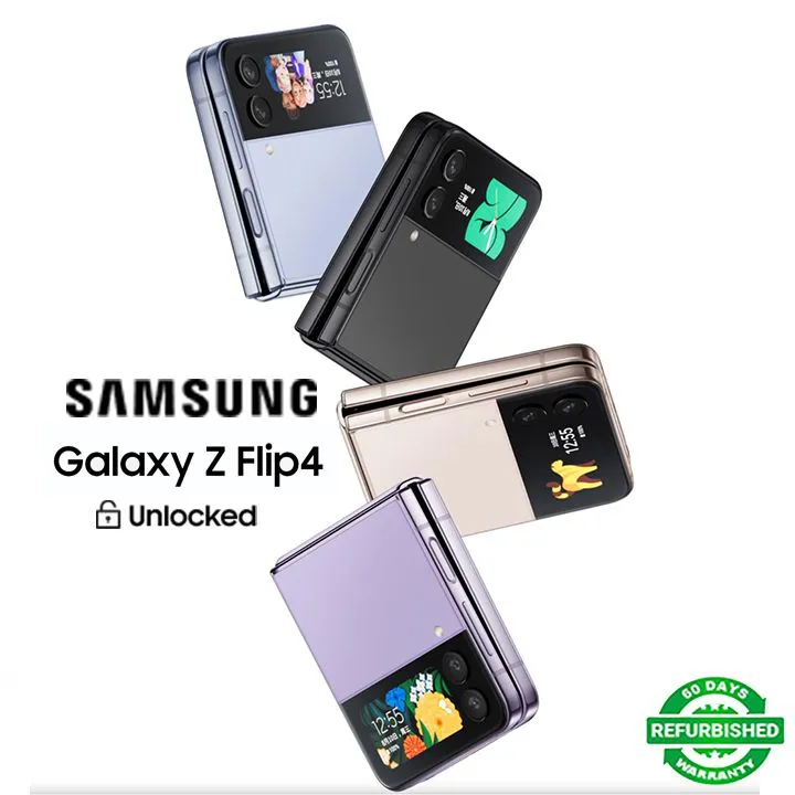 Refurbished Original SAMSUNG Galaxy Z Flip 4 Dual SIM 5G Unlocked Smart Phones 8GB RAM 256GB/512GB Storage 12MP+10MP Fingerprint Face Unlocked Galaxy Z Flip4 8+256GB/8+512GB