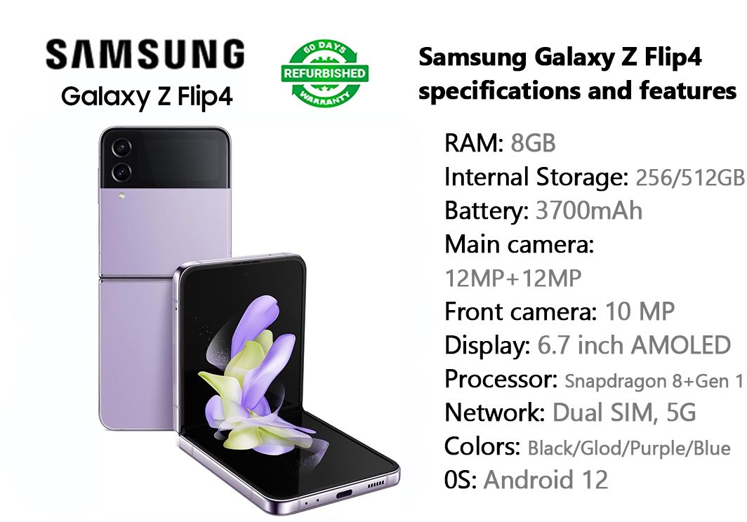 Refurbished Original SAMSUNG Galaxy Z Flip 4 Dual SIM 5G Unlocked Smart Phones 8GB RAM 256GB/512GB Storage 12MP+10MP Fingerprint Face Unlocked Galaxy Z Flip4 8+256GB/8+512GB
