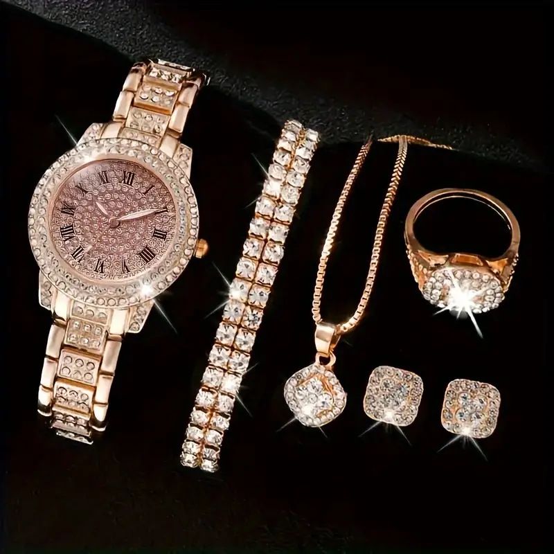 Women's Diamond Watch Ring Necklace Earrings Bracelet Set Fashion Wristwatch Female Casual Ladies Quartz Watches Jewelry Set Rose gold