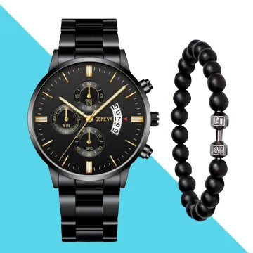 2PCS Men'sFashion Classic Mens Watches Versatile Trend Business Calendar Belt Quartz Watch Alloy Bracelet Black metal strap