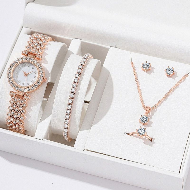 6PCS Set Luxury Watch Women Ring Necklace Earring Rhinestone Fashion Wristwatch Casual Ladies Watches Bracelet Set Clock
 Rose gold