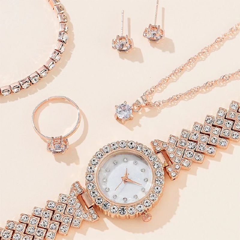 6PCS Set Luxury Watch Women Ring Necklace Earring Rhinestone Fashion Wristwatch Casual Ladies Watches Bracelet Set Clock